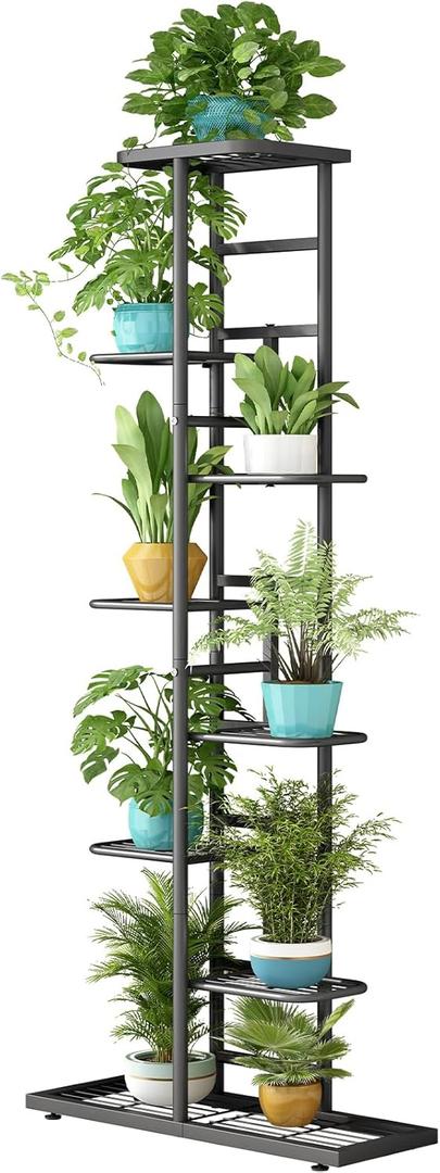 LINZINAR Plant Stand Indoor Outdoor Metal 8 Tier 9 Potted Multiple Flower Pot Holder Shelf Indoor Outdoor Planter Display Shelving Unit for Patio Garden Corner Balcony Living Room (Dark Grey)