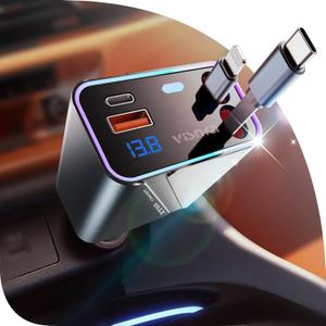 Retractable Car Charger [168W Max 2.9FT USB C Car Charger Adapter] Fast Charging Compatible with iPhone 16 15 14 13 12, Samsung, Gray (Cord for apple+Type C)