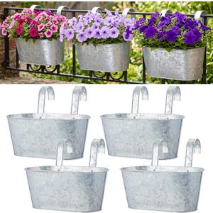 Hicarer Metal Hanging Flower Pots for Railing Fence, Large Hanging Rail Planters for Outdoor Window Balcony Plants Holder with Hooks for Garden Yard Home Decor(Silver,4 Pcs)