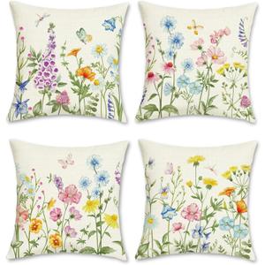 Bonhause Spring Floral Throw Pillow Covers 18 x 18 Inch Colorful Flowers Leaves Decorative Pillow Cases for Couch Sofa Home Garden Outdoor Summer Spring Decor, Set of 4