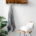 Coat Rack Wall Mount with Shelf, 4 in 1 Wood Coat Hooks with Key and Mail Holder, 17 Inch Entryway Hanging Shelf with Sunglasses Holder and 4 Metal Hooks for Clothes Hats Bag, Brown