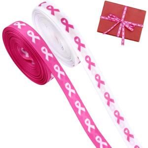 3 x BOXOB 2 Rolls Pink & White Breast Awareness Ribbons, Polyester Double-Sided Printing Breast Awareness Products Items Accessories for Gift Wrapping DIY Crafts Hair Bows & Party Decoration