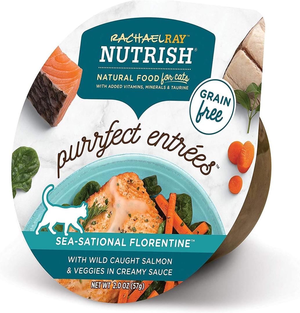 Rachael Ray Nutrish Purrfect Entrees Grain-Free Sea-Sational Florentine with Wild Caught Salmon & Veggies in Creamy Sauce Wet Cat Food, 2-oz cup, case of 12, BBD 07/12/2026