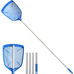 Poolvio Swimming Pool Leaf Skimmer Net, with 5 Sections Telescopic Aluminum Pole & Nylon Medium Fine Mesh Pool Net, Pool Cleaning Tool for Removing Leaves & Debris