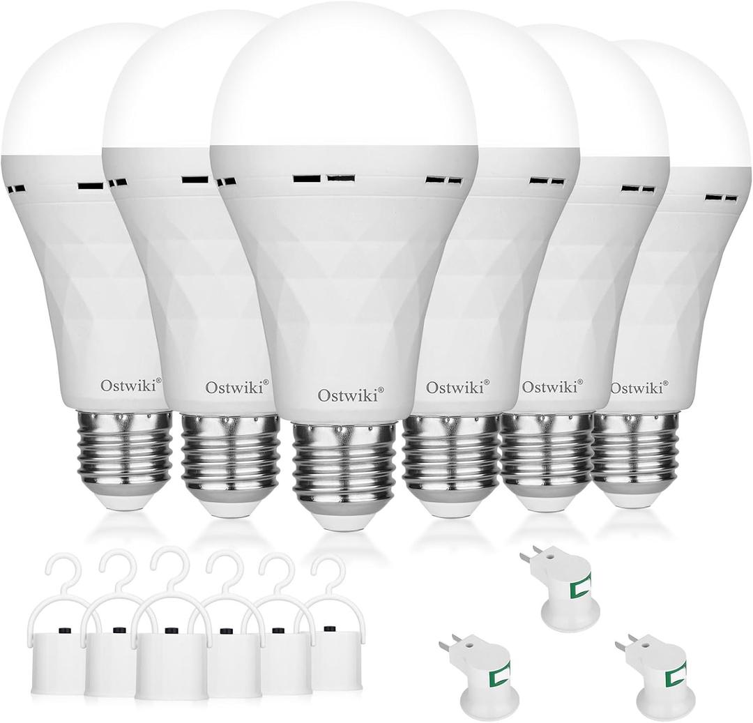 Emergency Rechargeable Light Bulbs,6 Pack Battery Operated Backup Light Bulb for Power Outage Camping Outdoor Hurricane 9W E27 8500K 1200mAh White Equivalent Self-Charging LED Light Bulbs