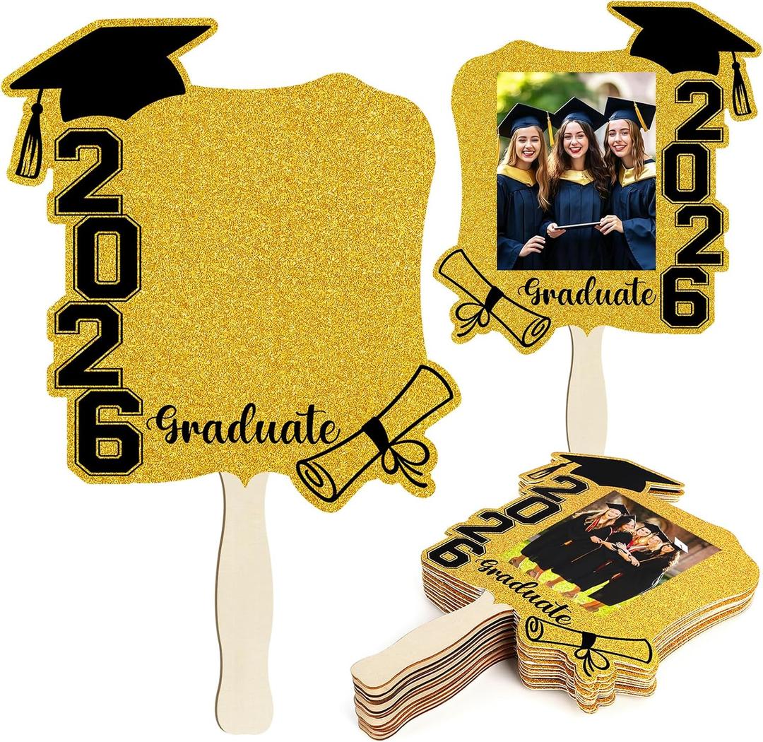 Graduation Face Fans with Handle Double Sided Custom Graduation Face Cutouts Fans on a Stick DIY Photo Frame for Class of 2026 Grad Photo Props Graduation Party Souvenirs Supplies(12 Pcs,Gold)
