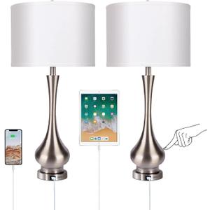 30" Large Modern Table Lamps Set of 2 for Living Room Bedroom with USB Charging Port, 3-Way Dimmable Brushed Steel Nightstand Lamp Sets Bedside Touch Desk Lamp with White Fabric Shade (Bulb Included)