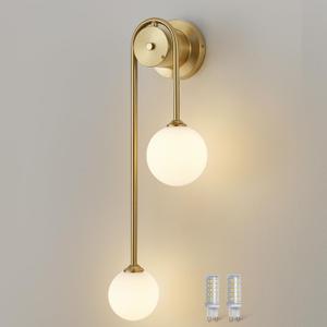 Golden Wall lamp Double Ball, mid-Century Modern Glass Wall sconces,with G9 Tricolor Bulb for Living Room Bedroom Bedside Stairs Restaurant Bathroom Corridor Aisle Lighting, set of 1