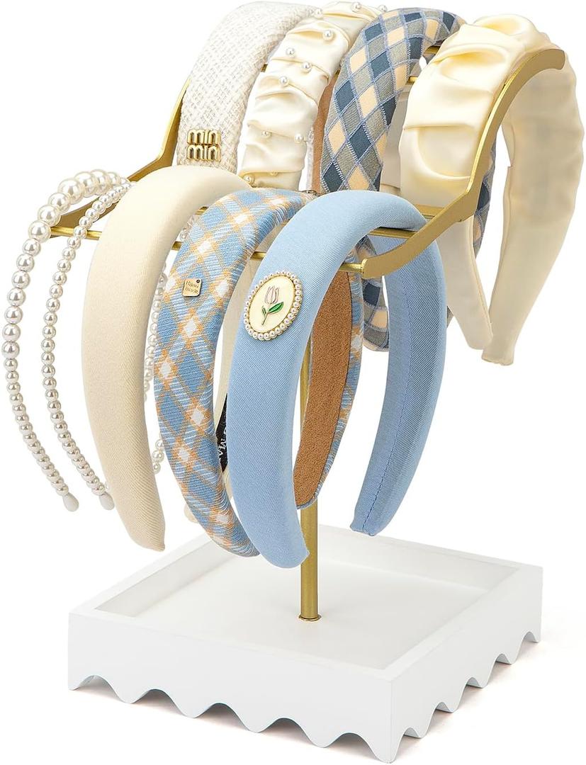 2-Tier Gold Headband Holder Stand, Metal Hair Band Display Rack with White Wood Accessories Storage Tray for Girls, Women