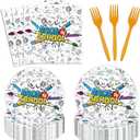 96Pcs Welcome Back To School Party Plates Supplies First Day of School Party Tableware Decorations Kids Teacher Students Disposable Paper Plates Napkins Forks Serves 24