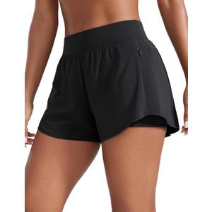 CRZ YOGA Double Layer Running Shorts for Women 3" High Waisted 2 in 1 for Athletic Tennis Workout with Zip Pockets (Small, Black)