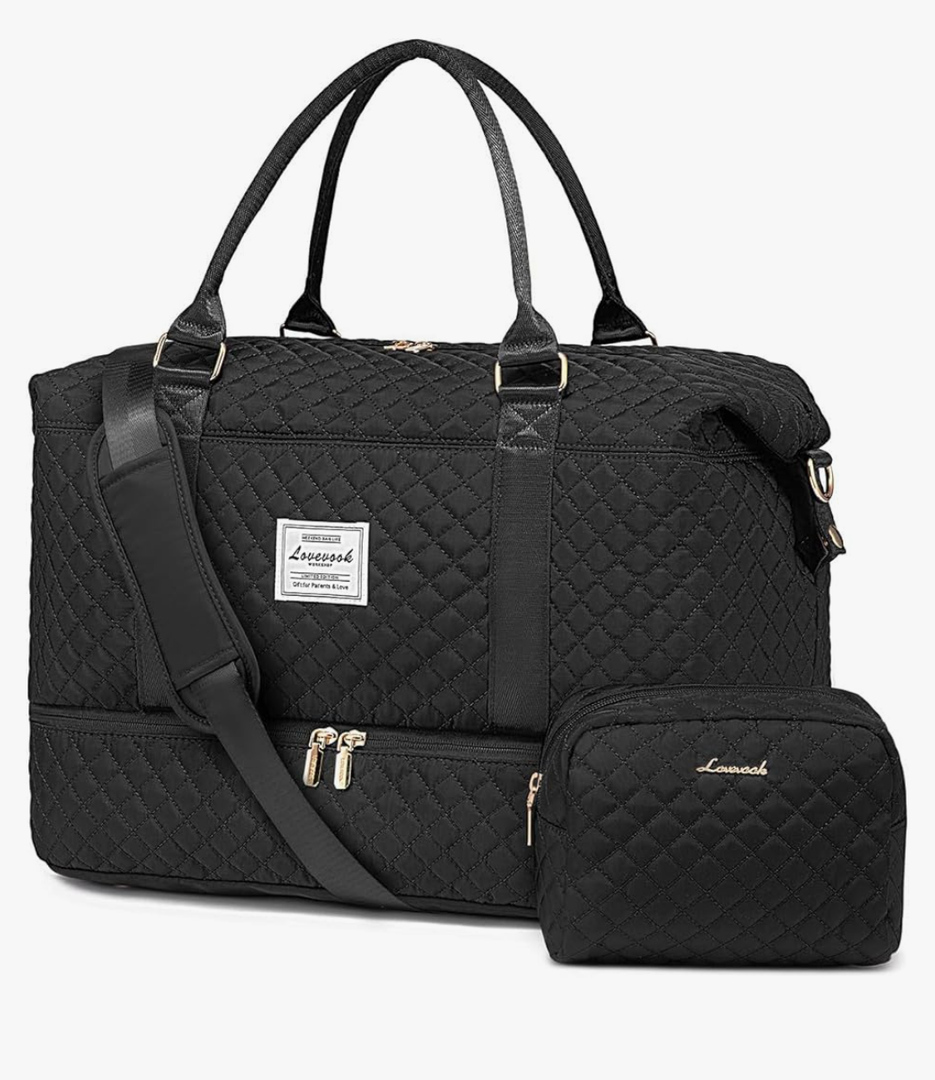LOVEVOOK Travel Duffle Bag,Weekender Bags for Women with Shoe Compartment，Carry on Overnight Bag with Toiletry Bag,Gym Duffel Bag with Wet Pocket, Hospital Bags for Labor and Delivery Black 2 Pieces