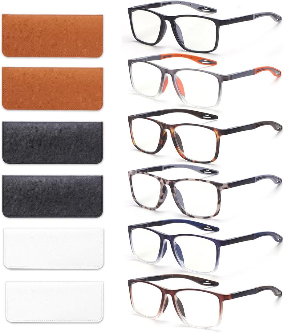 BLOEXCLU 6 Pack Reading Glasses for Men Sports Style Blue Light Blocking Readers with Spring Hinge Women Eyeglasses (Mixed), Magnification Strength: 2.0 x