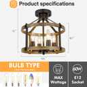 Farmhouse Semi Flush Mount Ceiling Light Fixture, 12.5 Inch 4-Light Rustic Ceiling Mount Light Fixtures, Round Brown Wood Finish Flush Mount Lights for Kitchen Bedroom Hallway Laundry Room