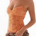 Women Y2K Sequin Rhinestone Criss Cross Straps Crop Cami Top Sexy V Neck Backless Floral Embroidery Halter Tank (Orange, M)