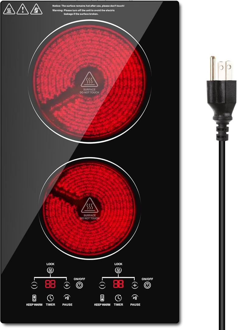 2 Burner Electric Cooktop, 12 Inch Stove Top, Built-in With Sensor Touch Control, Timer & Child Lock, Keep Warm, 9 Power Levels, 1600W, 110V (Include Plug)