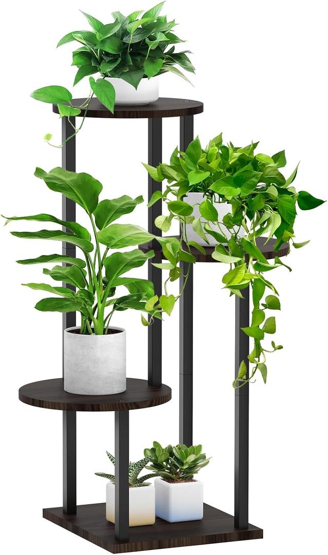 4 Tier Plant Stand Indoor, Metal Wooden Tall Plant Shelf Flower Pot Stand for Multiple Plants, Corner Flower Holder Plant Display Rack for Living Room Balcony Patio Garden (Black) (See Figure)
