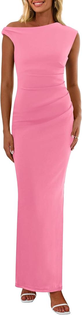 PRETTYGARDEN Women's 2025 Summer Formal Maxi Dresses Sleeveless One Shoulder Bodycon Ruched Mesh Wedding Guest Cocktail Dress (Large, Pink)