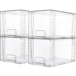 Vtopmart 4 Pack Large Stackable Storage Drawers,Easily Assemble Acrylic Bathroom Closet Undersink Organizers and Storage,Plastic Bins for Kitchen Cabinets,Pantry,Makeup,Medicine Organization