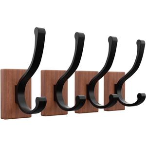 Rustic Wooden Coat Hooks Wall Mounted  Heavy Duty Solid Walnut Wood Wall Hooks Hanger Rack with Screws  Double Hooks for Hanging Coats, Towels, Hat, Bag, Keys, Purse  4 Pack