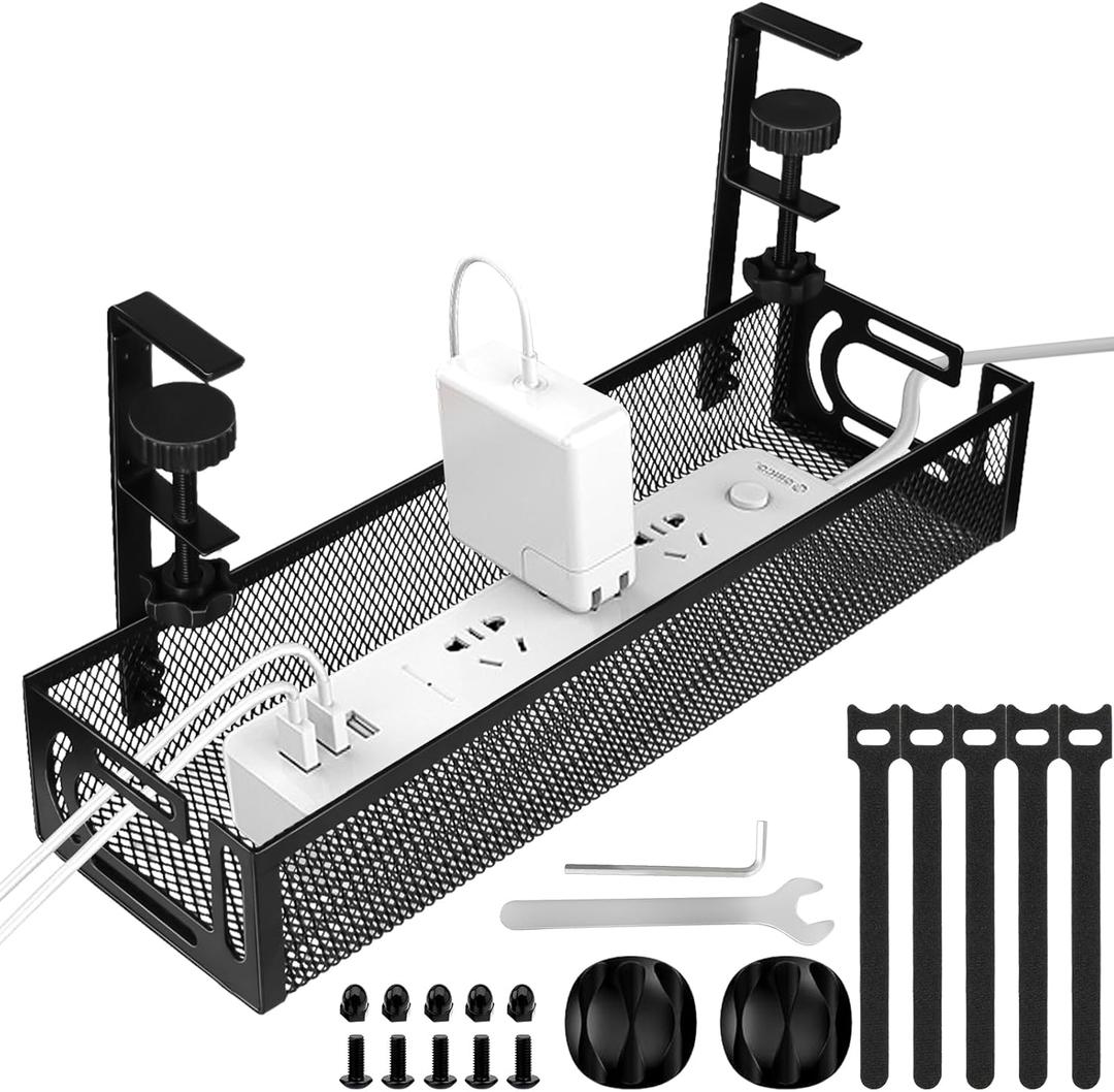 Under Desk Cable Management Tray, Cable Management Under Desk No Drill, Wire Management Tray with Clamp, Cord Organizer for Home Office, Black (15.3'' (1 Pack))