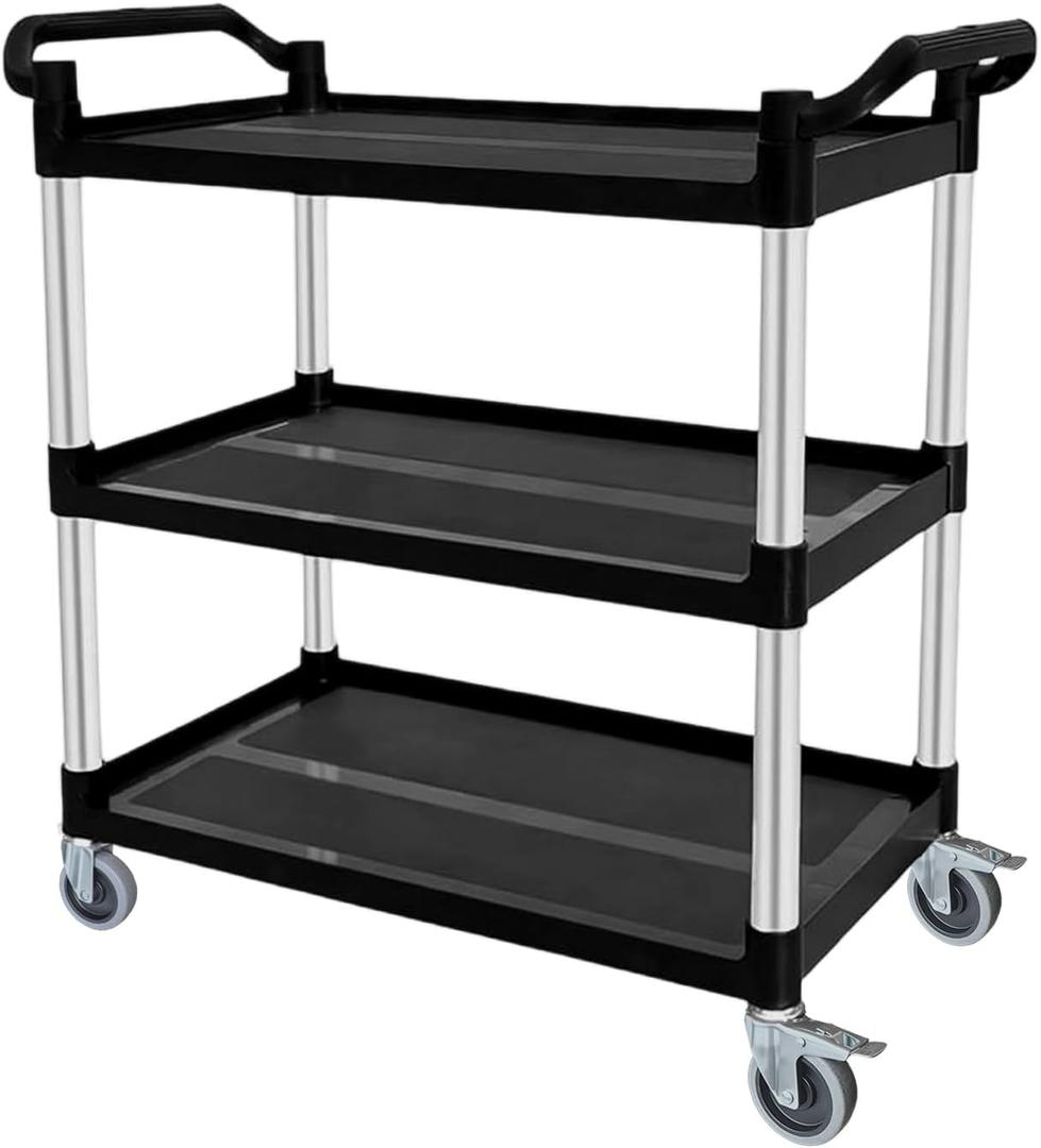 Plastic Utility Carts with Wheels, 3-Tier Rolling Service Cart, 300 lbs Heavy Duty Capacity with 4 inch Silent Casters(2 Lockable), for Home, Office, Restaurant, Warehouse.31.5" 16" 38"