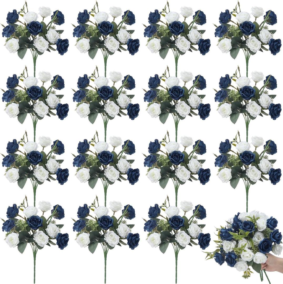 Zeyune 16 Bunches 12 Inch Artificial Mini Rose Bouquet 160 Heads Bridal Flower Bouquets Fake Silk Rose Bulk for Valentine's Day Wedding Bridal Shower Home Office Garden(Dark Blue and White)
