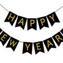 FECEDY Happy New Year Banner Black Bunting with Gold Alphabet for New Year Party Supplier Eve Party Decorations