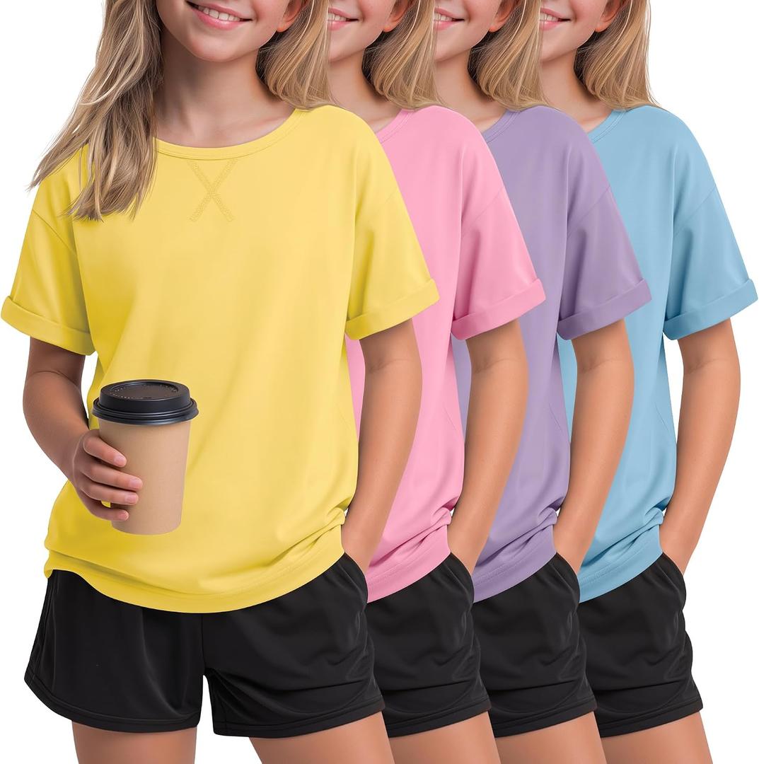 Oakgarden 4 Pack Girls Short Sleeve T Shirts Kids Casual Loose Tops Rolled Cuff Cute Basic Tees 5-14 Years Back to School
