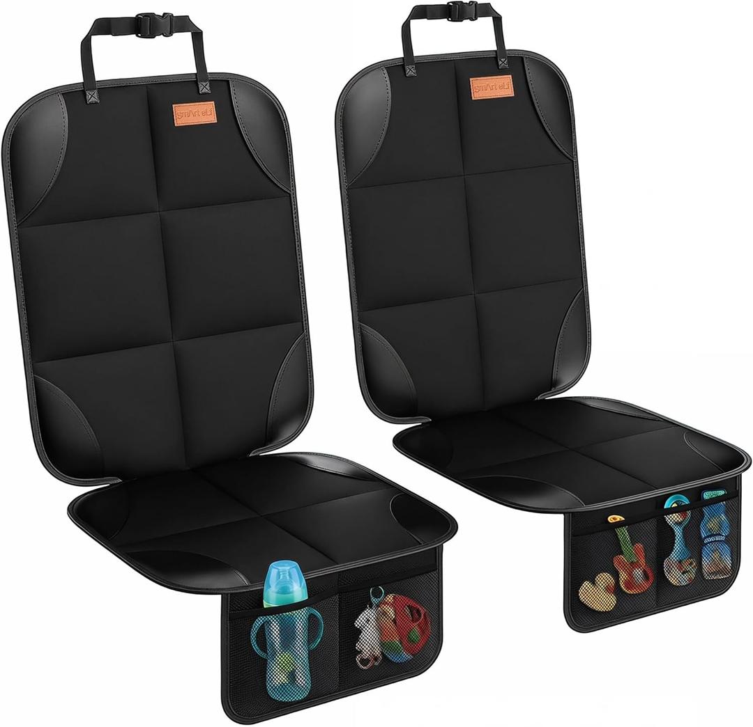 SMART ELF Car Seat Protector, 2-Pack Seat Protector Protect Child Seats with Thickest Padding and Non-Slip Backing Mesh Pockets for Baby and Pet, Sedan SUV Truck (Black)