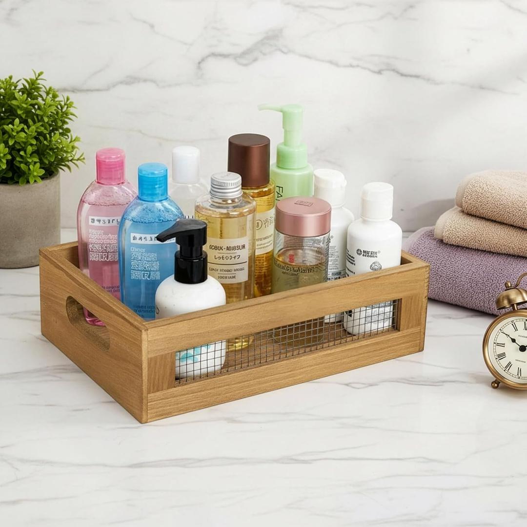 Dicunoy Decorative Wooden Crates, Rustic Countertop Nesting Basket with Handle, Antique Small Storage Containers for Fruit, Veggies, Kitchen, Bathroom, Shelf, Pantry, Gift Basket, 1pc