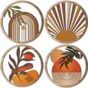Qunclay 4 Pcs Boho Wall Art Bohemian Wooden Round Circle Wall Decor Hollow out Hanging Farmhouse Aesthetic for Bedroom Living Room Bathroom Bedroom Bathroom Patio Apartment Gift 10 Inch(Stylish)
