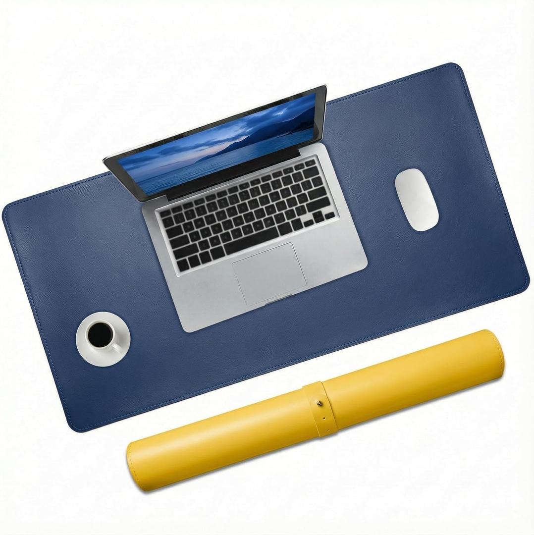 Double-Sided Leather PU Large Mouse pad, Computer Desk pad Non-Slip, Waterproof, Easy to Clean, Suitable for Office and Home Office Writing (Navy Blue and Yellow, 31.515.7 Inches)