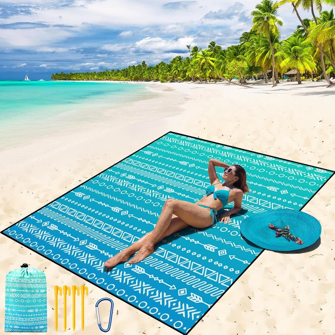 Beach Blanket Waterproof Sandproof Beach Mat 79" X 83"/10'x9'for 2-8 Adults Quick Drying Outdoor Picnic Mat Beach Accessories for Travel, Camping, Hiking (Blue Geometric Tribe)