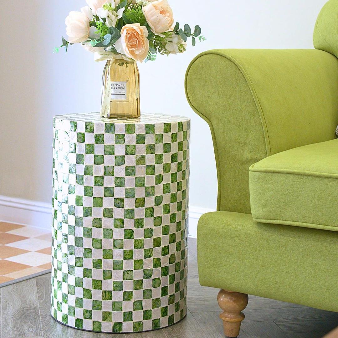 Chi An Home 19.3” Capiz Shell Checkered Pistachio Green Side Table
Capiz Decorative Indoor Cylinder Green Drum End Table, Green Accent Table For Living Room, Eclectic Nightstand For Bedroom
