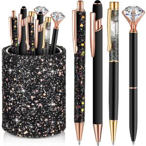 Sabary 8 Pcs Black Pens with Pen Holder for Desk Glitter Crystal Diamond Cute Ballpoint Fancy Pencil Holder Bling Desk Organizer for Women Girls Gifts School Office Wedding Supplies