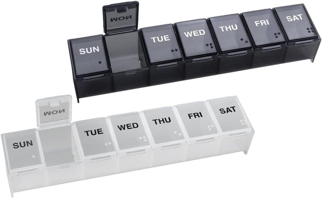 EZY DOSE Weekly (7-Day) Daily Pill Organizer, Vitamin Planner, and Medicine Container, Large Compartments, Easy to Open, Travel Friendly, Includes One Black and One White (2 Pack), Made in The USA (Large 6"x1.3"x0.9")