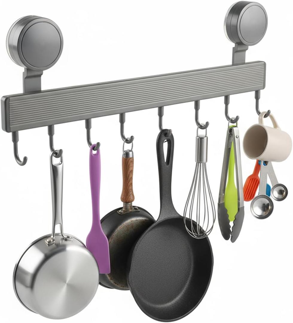 15.7 Inch Hanging Pot Rack,No Drilling Pot and Pan Organizer,Aluminum Alloy Utensil Holder,Kitchen Wall Hanging Hooks with 8 Movable Hooks,Black