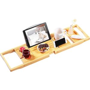VaeFae Bamboo Bathtub Caddy Tray, Expandable Bath Tray for Tub with Upgraded Wine Slots and Book Holder - Ideal for One or Two Person Use