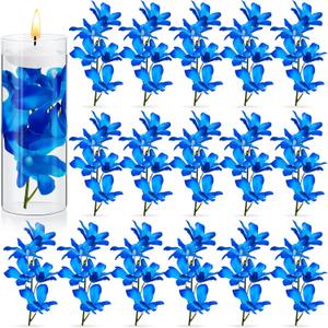 Canlierr 24 Pieces Orchid Faux Flowers Floating Candles Centerpiece Wedding Table Centerpieces Vase Fillers Filling for Wedding Birthday Party Table Decorations (Sky Blue)
