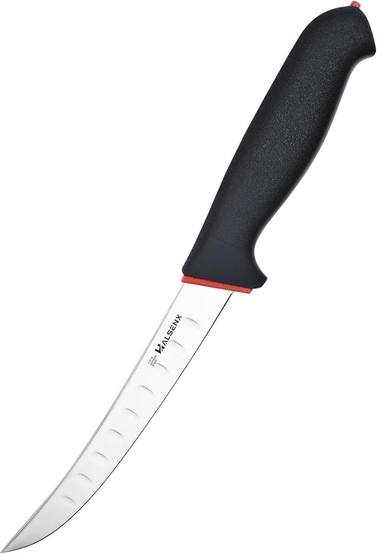 6" Professional Boning Knife for Meat Cutting - Curved Blade with Fluted Edge, Ergonomic Softgrip Handle - Ideal for Deboning Chicken & Turkey, Trimming small cuts of meat
