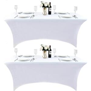 2-Pack 8ft White Spandex Table Covers for Rectangle Folding Tables - Washable Elastic Tablecloth - Ultimate Fitted Table Protector for Birthday Parties, Trade Shows, Banquet, White