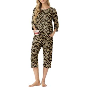 PrinStory Women's Pajama Set Capri Pjs Sets 2 Piece Soft Lounge Sets Sleepwear with Pockets (X-Large, Fp-leopard Khaki)