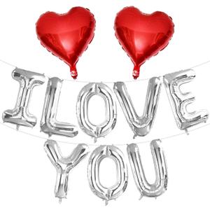 16 Inch Silver I LOVE YOU Red Heart Balloons, 10 Pcs Silver ILOVEYOU Letters Balloons Red Heart Banner for Valentine's DAY Wedding Ceremonies Party Decorations I LOVE YOU