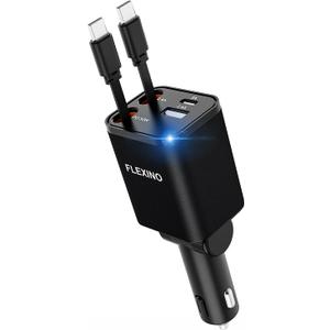 Flexino Retractable Car Charger for iPhone 16, 69W Fast Charging Car Charger USB C, Car Chargers with 2 Retractable Cords 2.6ft, Car Adapter for iPhone 16/15 Series, Galaxy(Black, Dual Type C)