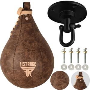 Speed Ball Boxing Bag Leather MMA Muay Thai Training Punching Dodge Striking Kit with Free Hanging Swivel Workout Speedball Kicking Platform Equipment (Beige)