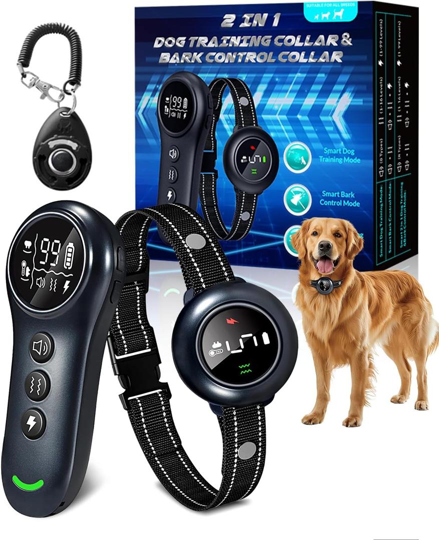 2-in-1 Shock Collar for Dogs, Dog Training Collar & Anti-Barking Dog Bark Collar  3300FT Remote Control, IP67 Waterproof E-Collar with 5 Sensitivity Levels, Security Lock, for Dogs 10150 lbs