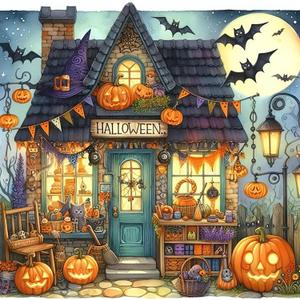 Halloween Pumpkin Bat House Diamond Painting Kits for Adults, 5D Diamond Art Kits for Adults Beginners, DIY Full Round Drill Diamond Dot Painting Gem Art Kits for Adult, Home Wall Decor 13.8x13.8 Inch