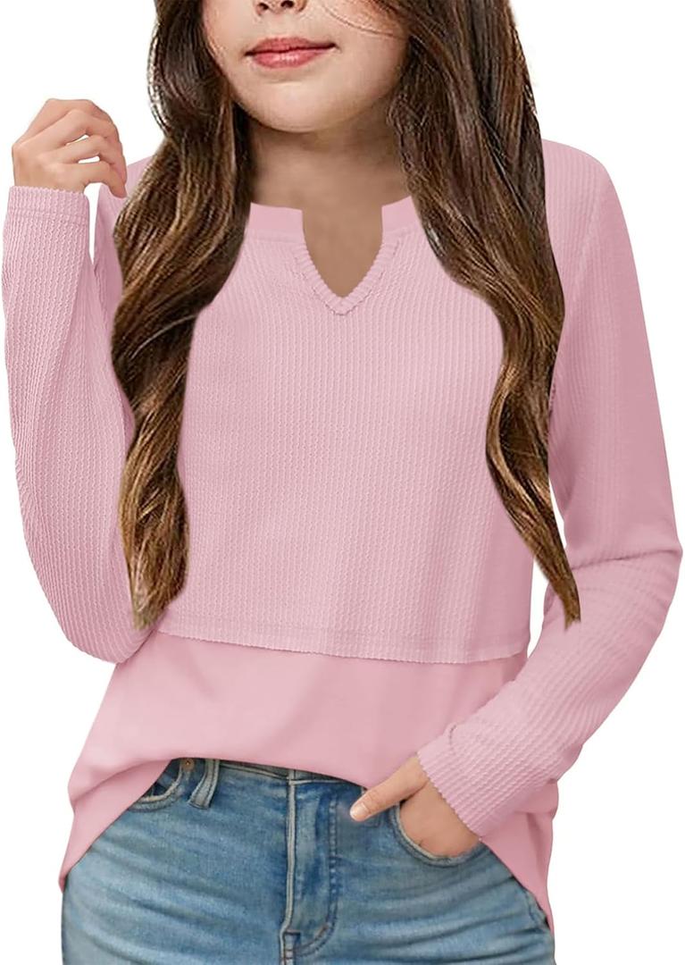 Floral Find Girls Casual V Neck Long Sleeve Tops Loose Fit Tunic Fall T Shirts Blouse, Pink, 6-7Y (Pink)