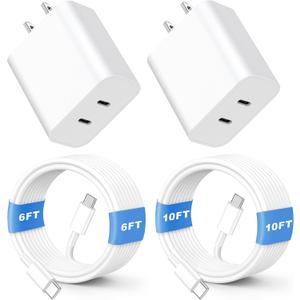 Phone 16 15 Charger Fast Charging, 2 Pack 20W Dual Port Speed Charger USB C Charger Block with 10FT/6FT Long USB C to C Charging Cable Cord Compatible with iPhone 15 16 Pro/Plus/Pro Max, Pad Pro, White